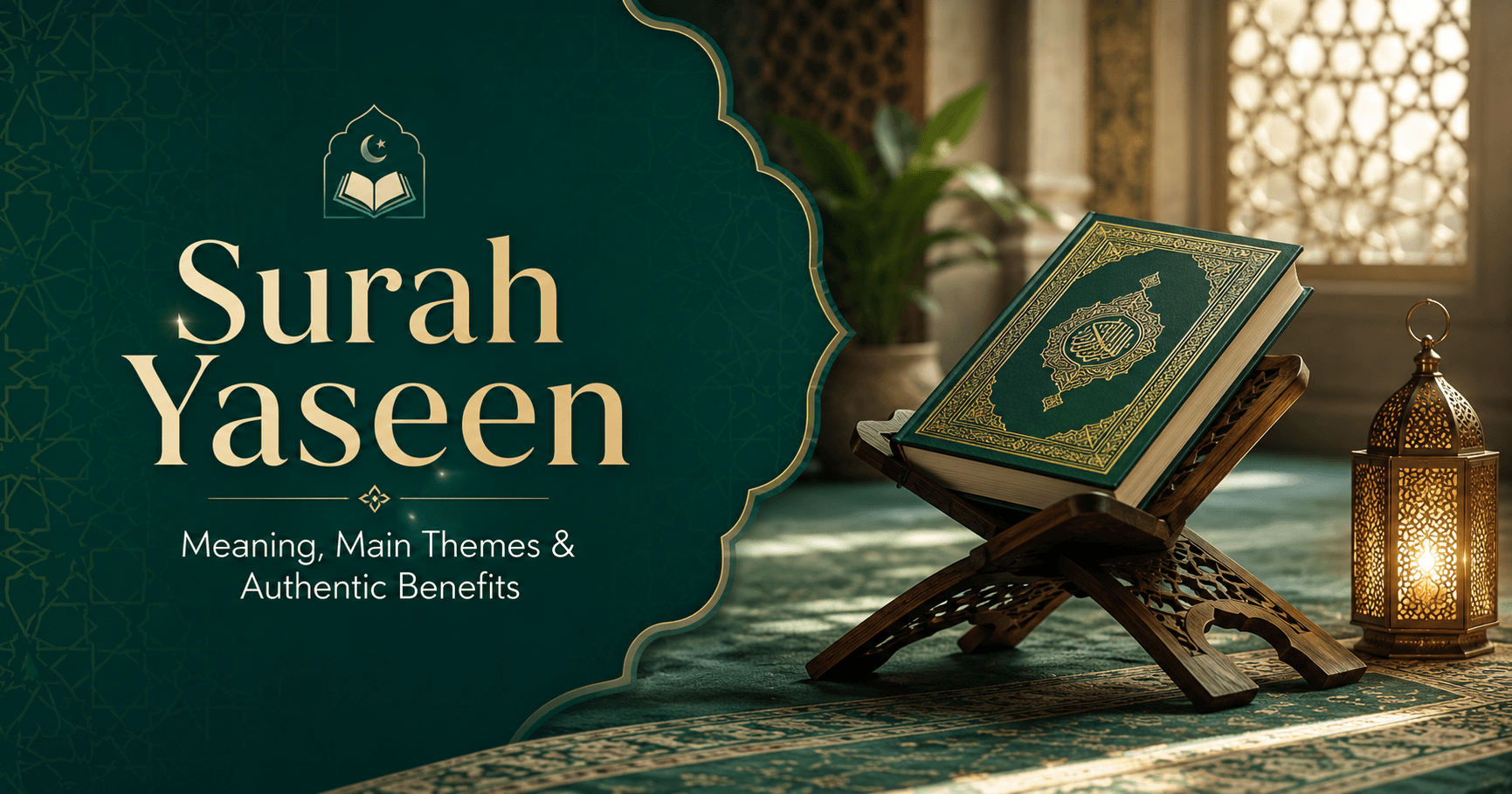A closed green Quran on a wooden stand beside a lantern