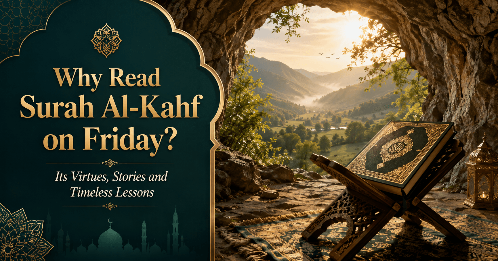 A Quran on a wooden stand inside a peaceful cave overlooking a green valley