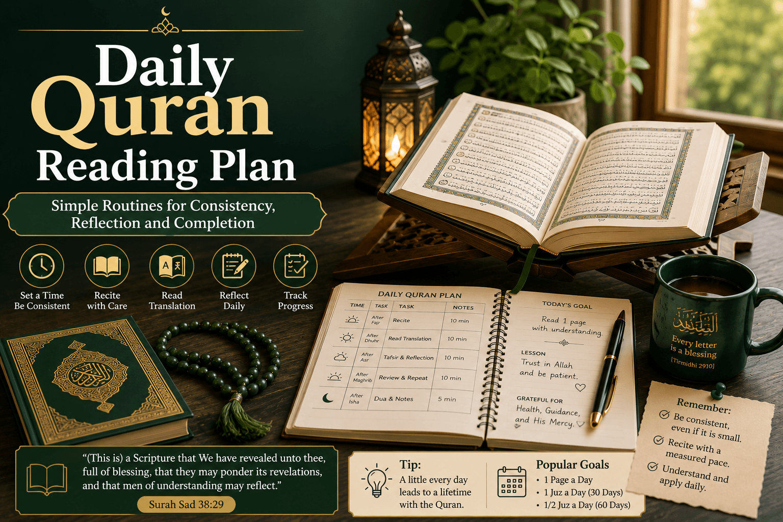 An open Quran beside a daily planner, pen, and prayer beads in a peaceful green study space