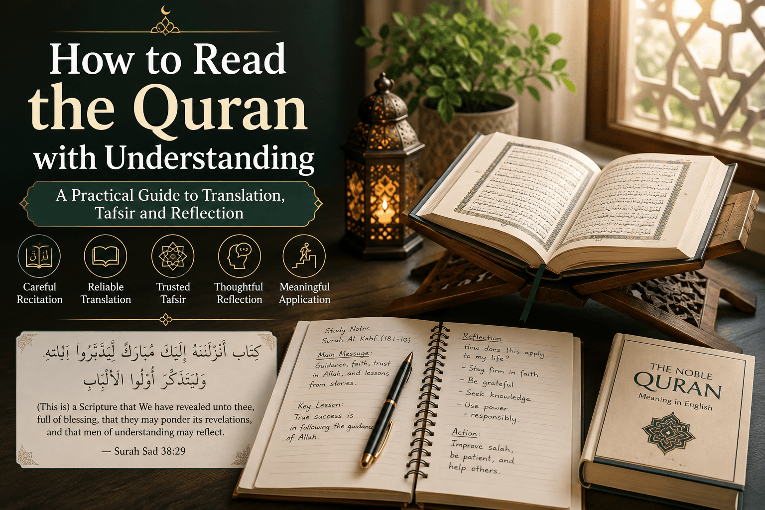 An open Quran beside a translation, notebook, and pen in a peaceful green study space
