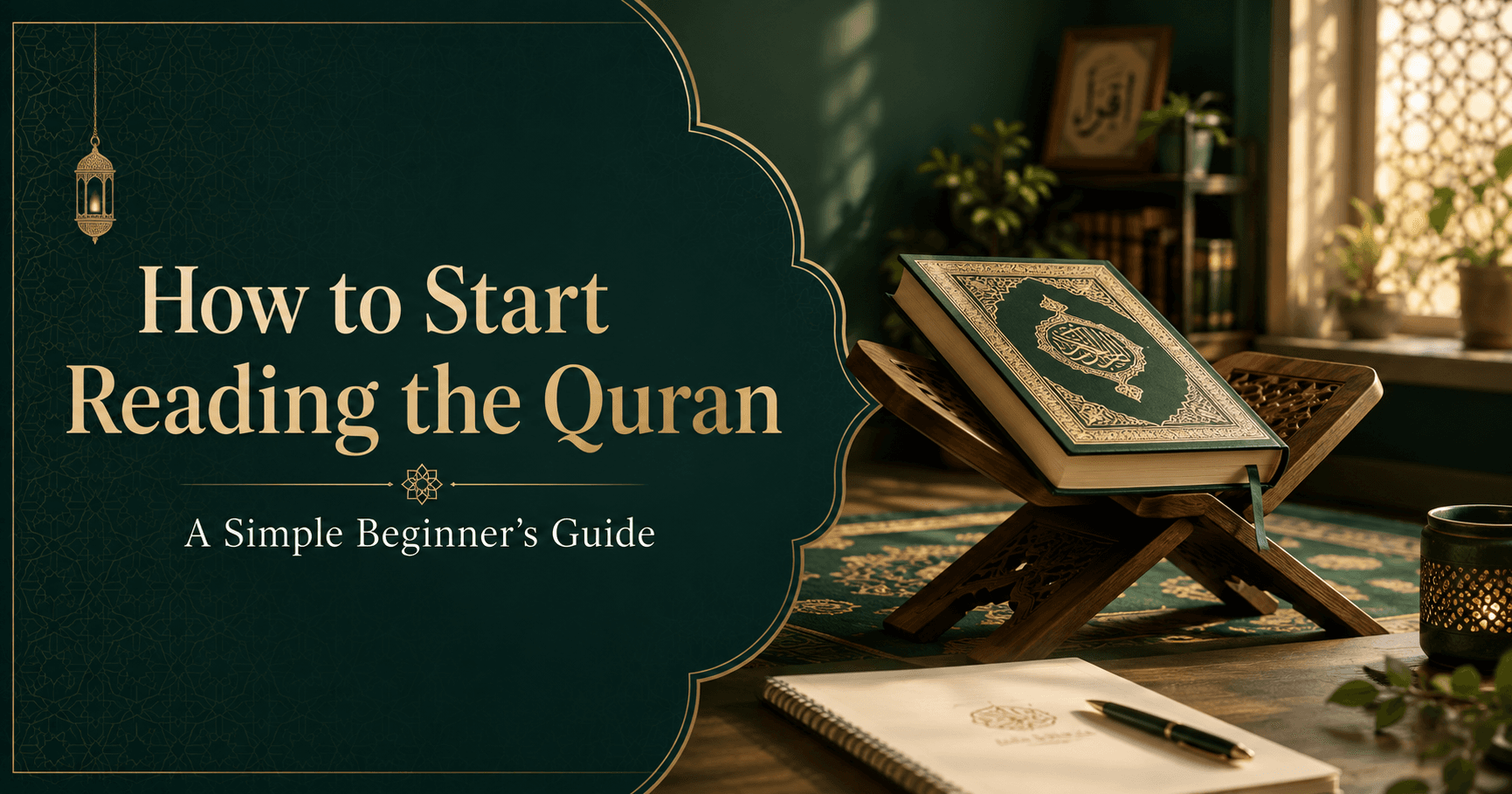 A closed Quran on a wooden stand beside a notebook in a peaceful study space