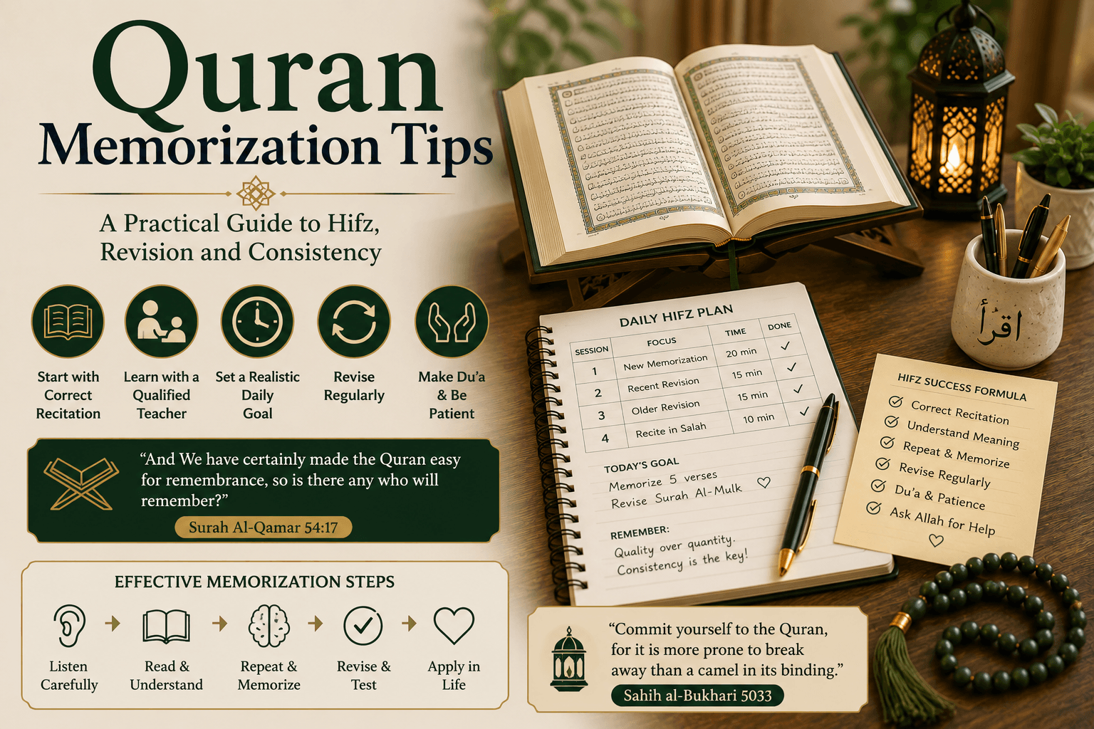 An open Quran beside a memorization planner, prayer beads, and pen in a peaceful Islamic study space